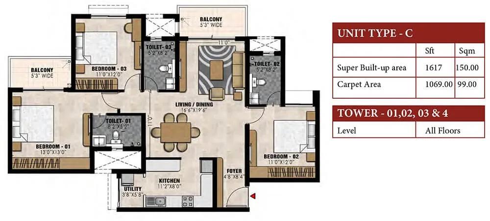 Prestige Elysian 3 BHK floor plan, about 1,617 sq ft