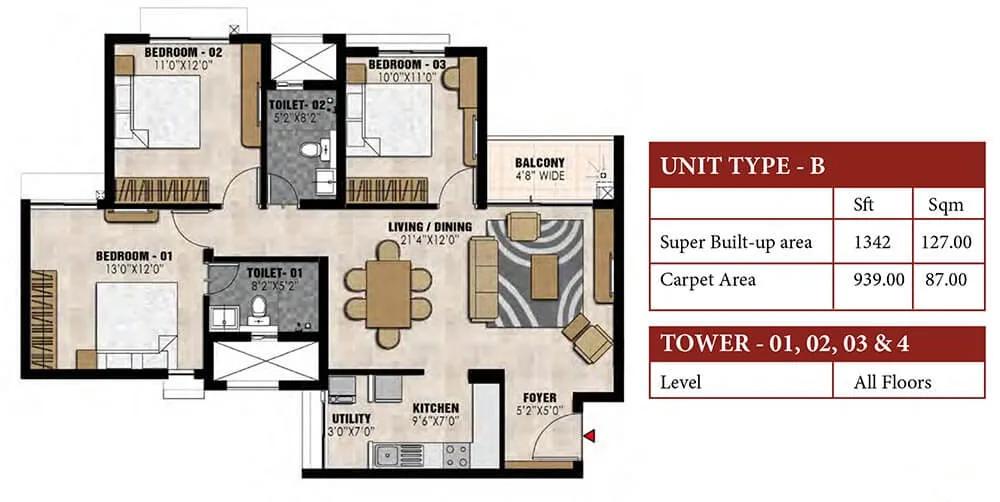 Prestige Elysian 3 BHK floor plan, about 1,342 sq ft