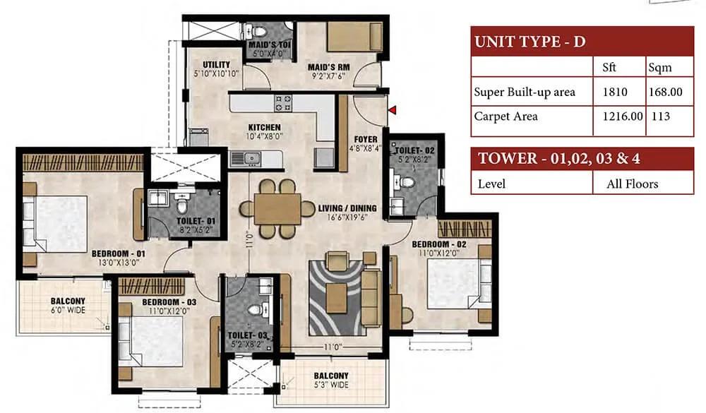Prestige Elysian 3.5 BHK floor plan, about 1,810 sq ft