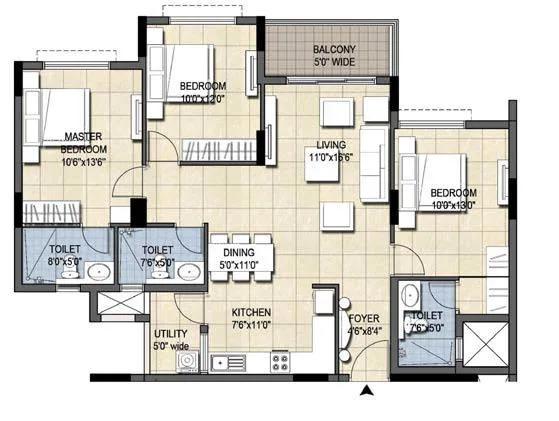 Ajmera Nucleus 3 BHK floor plan, about 1,395 sq ft
