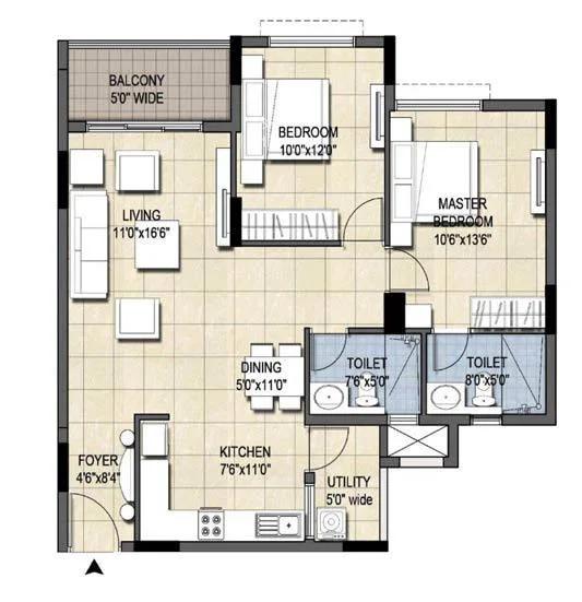 Ajmera Nucleus 2 BHK floor plan, about 1,150 sq ft