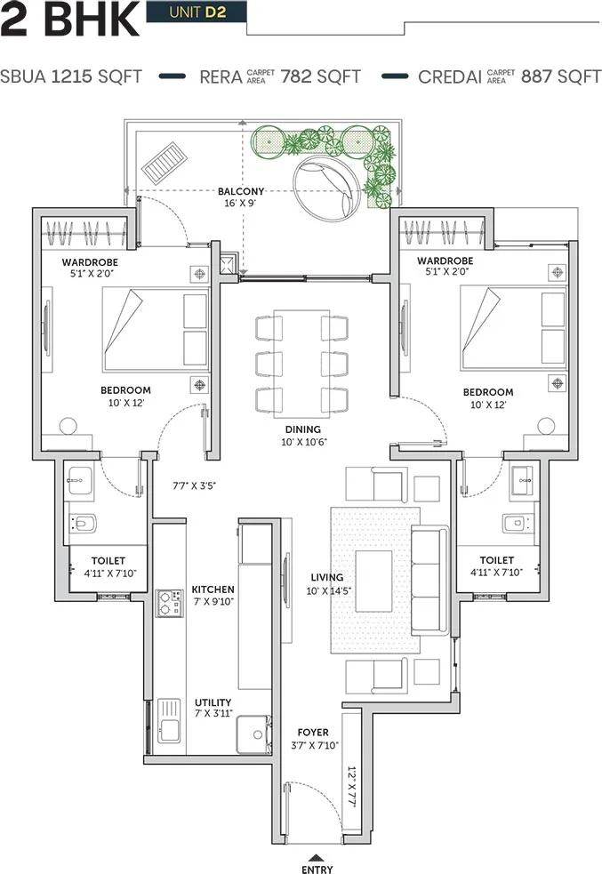 Assetz Sun and Sanctum 2 BHK floor plan, about 1,215 sq ft