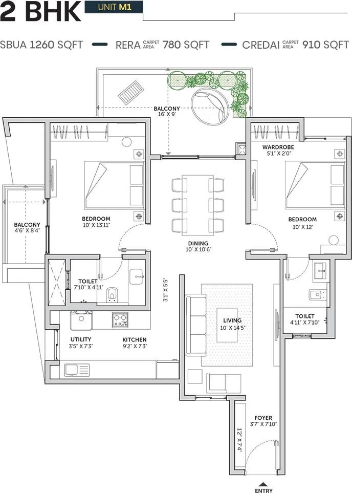 Assetz Sun and Sanctum 2 BHK floor plan, about 1,260 sq ft