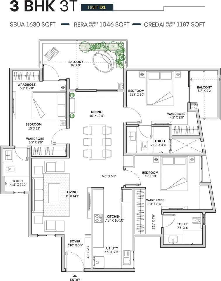Assetz Sun and Sanctum 3 BHK floor plan, about 1,630 sq ft
