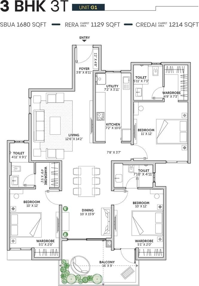 Assetz Sun and Sanctum 3 BHK floor plan, about 1,680 sq ft