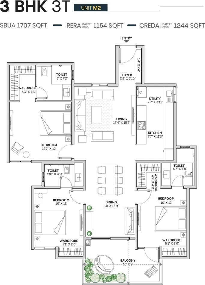Assetz Sun and Sanctum 3 BHK floor plan, about 1,707 sq ft