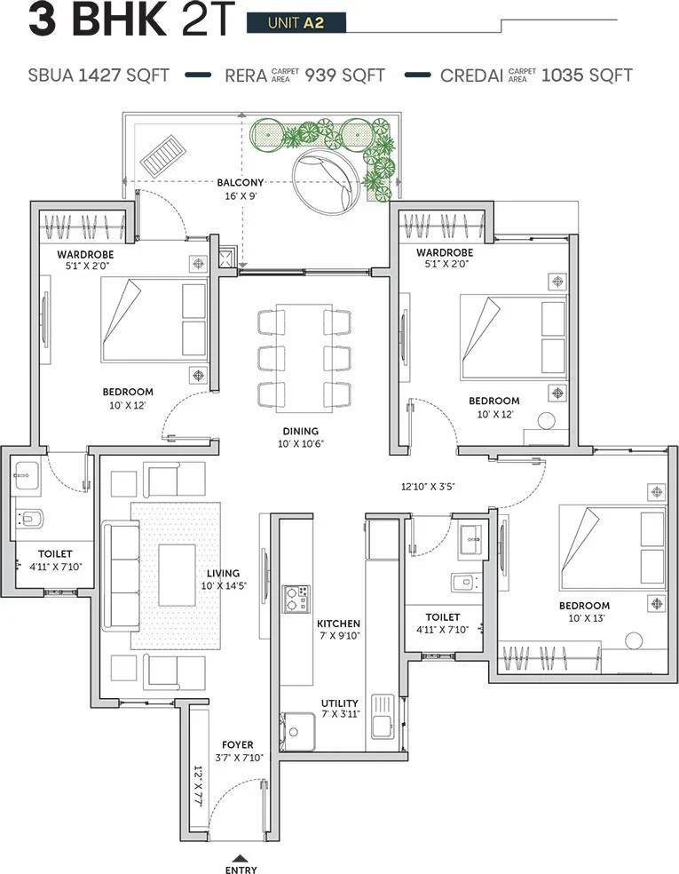 Assetz Sun and Sanctum 3 BHK floor plan, about 1,427 sq ft