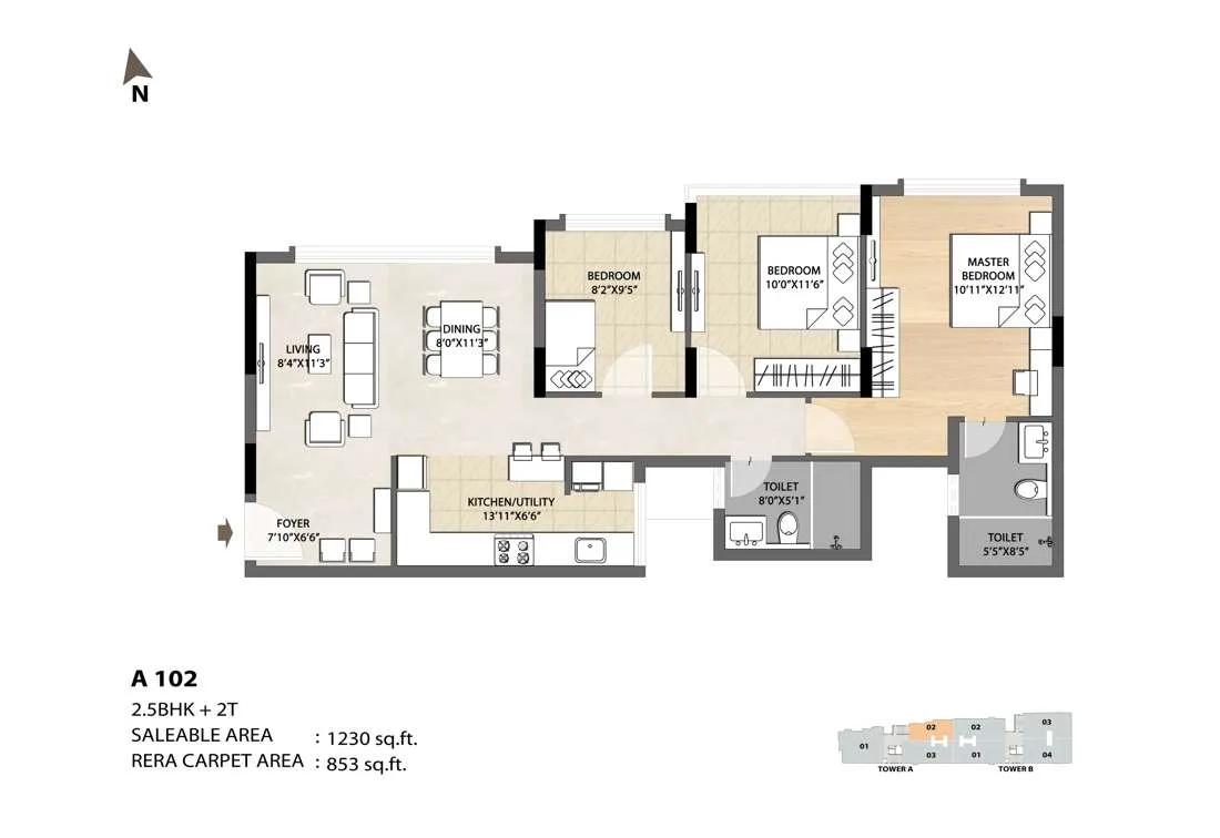 DNR Spring Leaf 2.5 BHK floor plan, about 1,230 sq ft