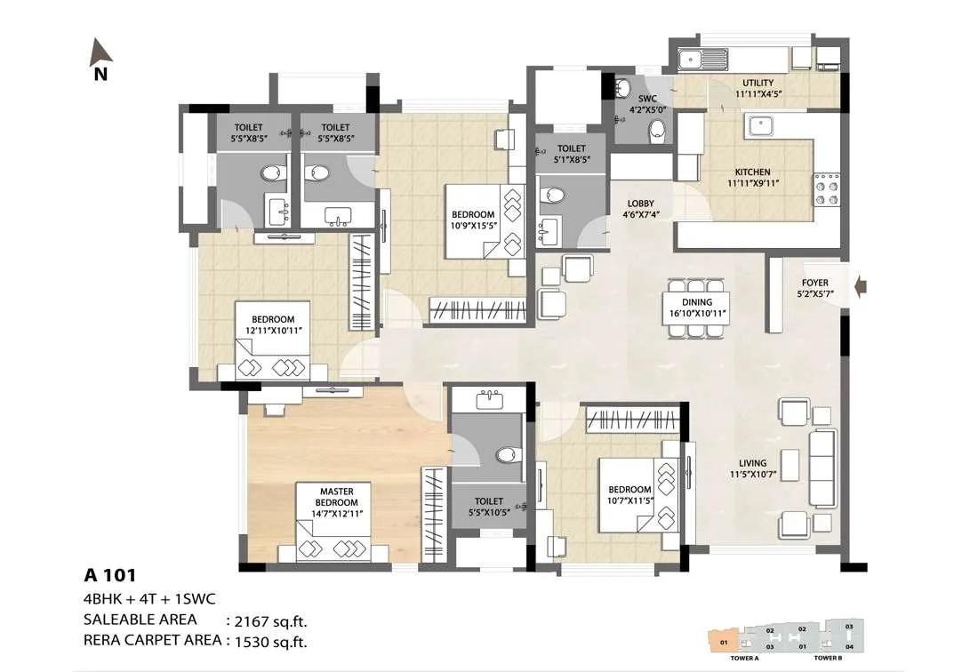 DNR Spring Leaf 4 BHK floor plan, about 2,167 sq ft