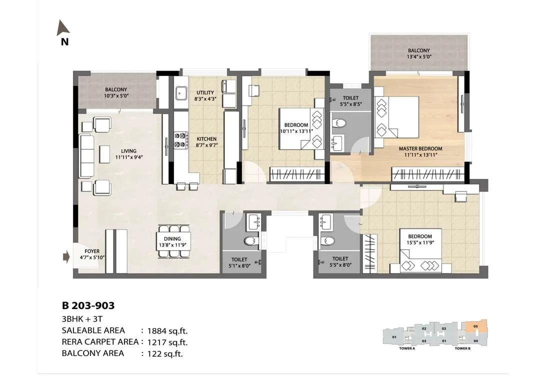 DNR Spring Leaf 3 BHK floor plan, about 1,884 sq ft