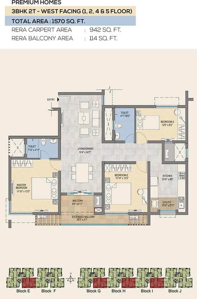 TVS Emerald Peninsula 3 BHK floor plan, about 1,570 sq ft