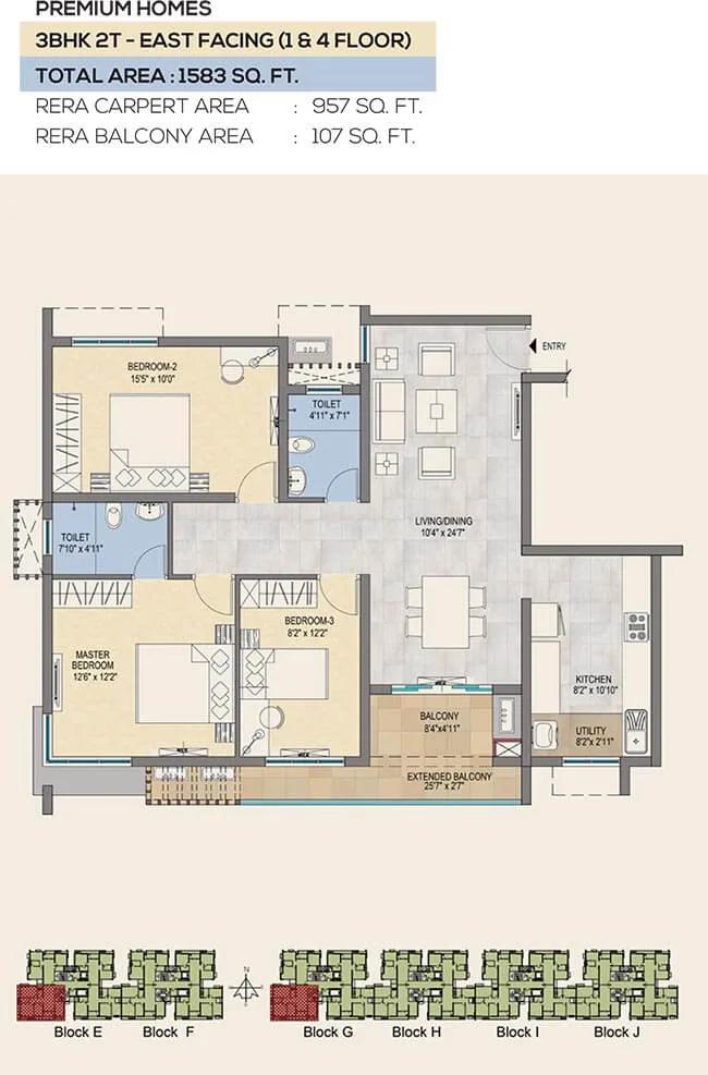 TVS Emerald Peninsula 3 BHK floor plan, about 1,583 sq ft