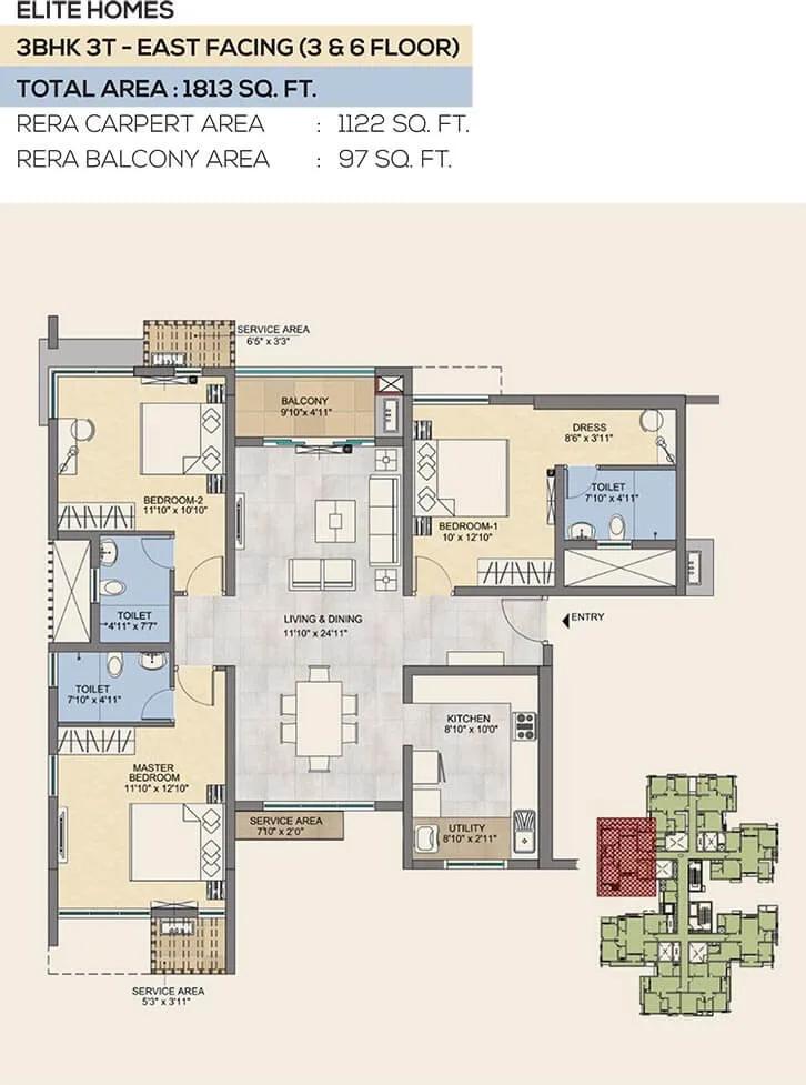 TVS Emerald Peninsula 3 BHK floor plan, about 1,813 sq ft