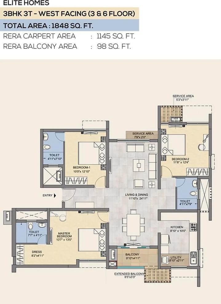 TVS Emerald Peninsula 3 BHK floor plan, about 1,848 sq ft