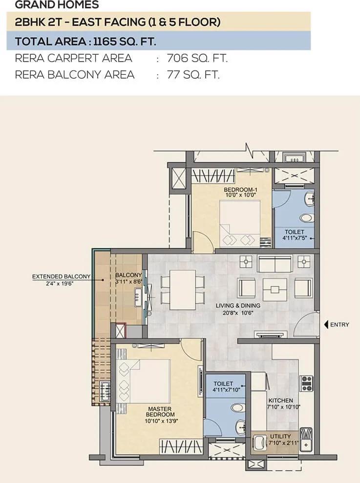 TVS Emerald Peninsula 2 BHK floor plan, about 1,165 sq ft