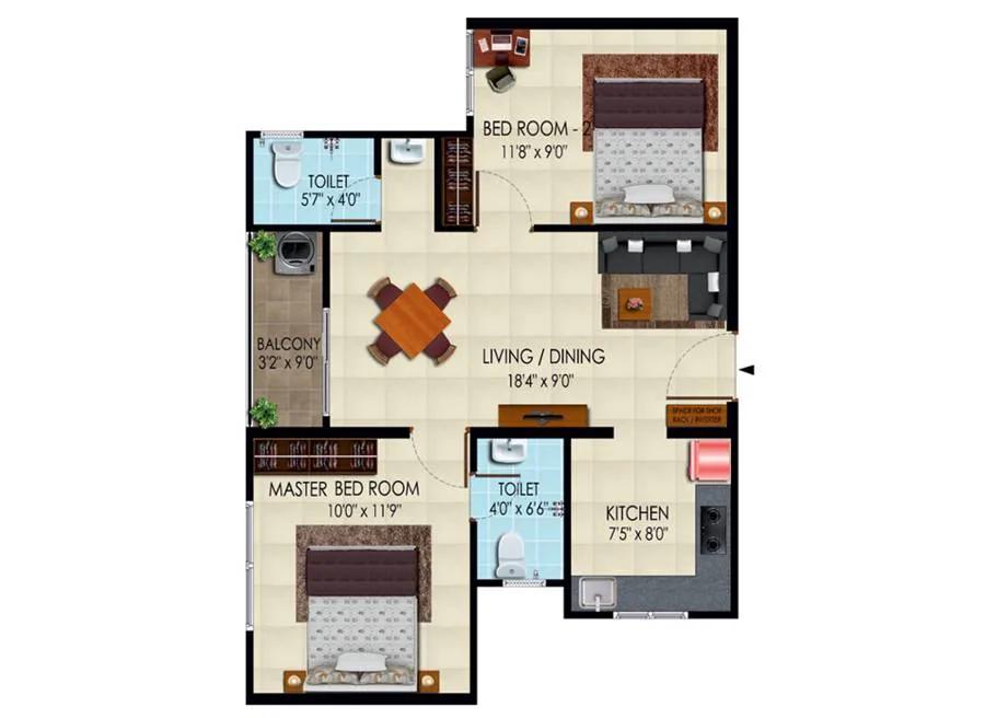 Urbanrise Codename New Porur 2 BHK floor plan, about 730 sq ft