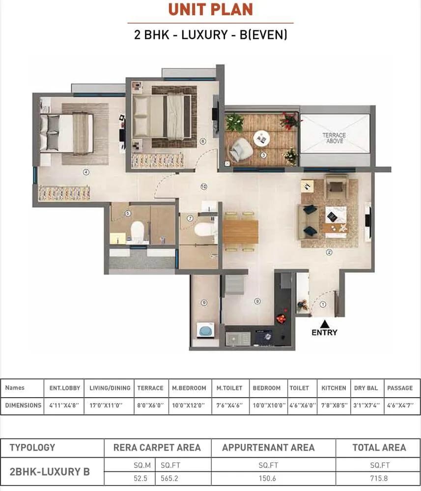 Shapoorji Pallonji Sensorium 2 BHK floor plan, about 715 sq ft