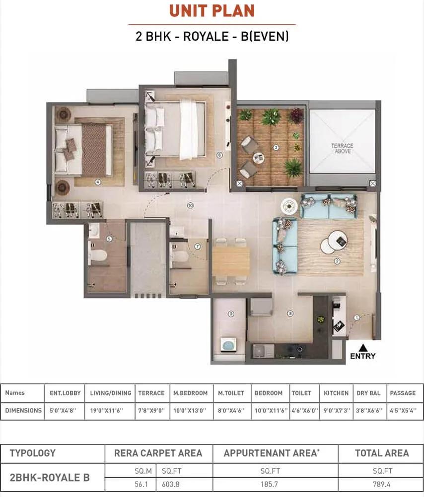 Shapoorji Pallonji Sensorium 2 BHK floor plan, about 789 sq ft