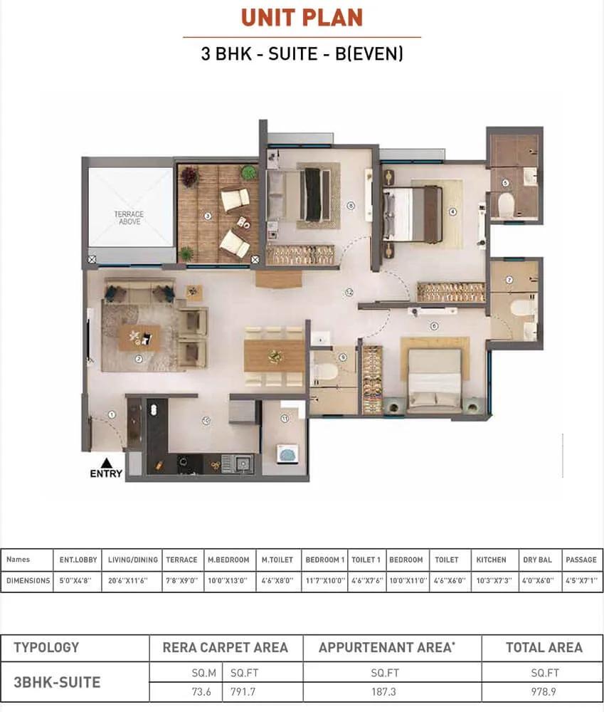 Shapoorji Pallonji Sensorium 3 BHK floor plan, about 978 sq ft