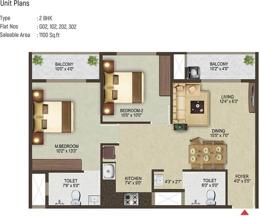 Sowparnika Pragati 2 BHK floor plan, about 1,100 sq ft