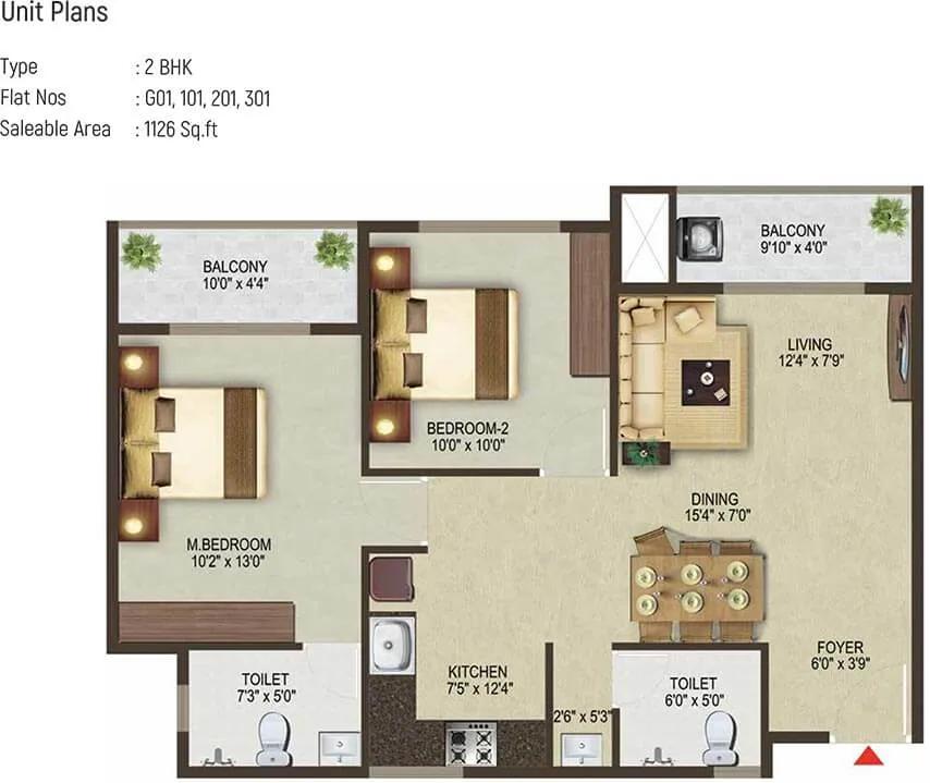 Sowparnika Pragati 2 BHK floor plan, about 1,126 sq ft