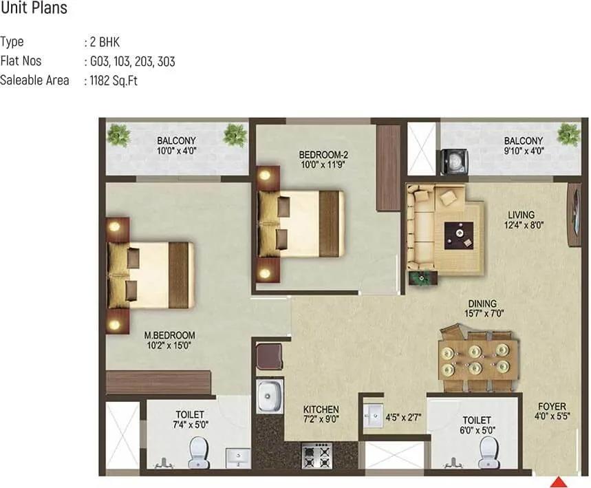 Sowparnika Pragati 2 BHK floor plan, about 1,182 sq ft