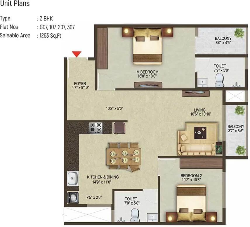 Sowparnika Pragati 2 BHK floor plan, about 1,263 sq ft