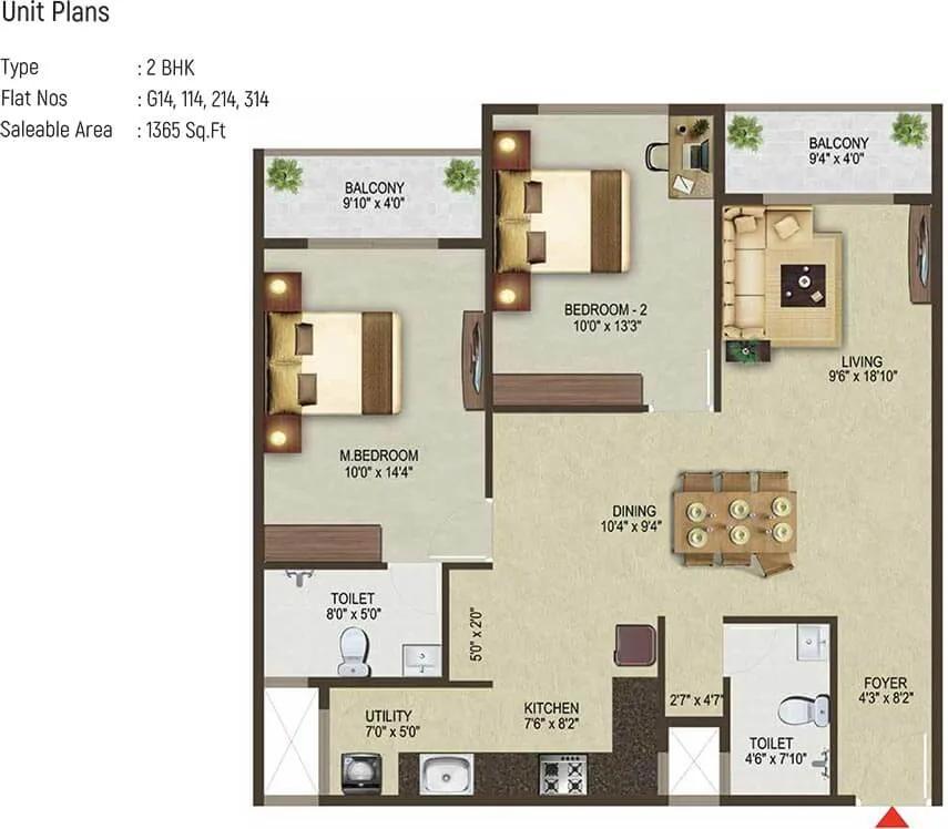 Sowparnika Pragati 2 BHK floor plan, about 1,365 sq ft