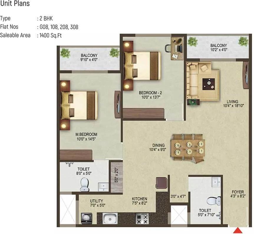 Sowparnika Pragati 2 BHK floor plan, about 1,400 sq ft