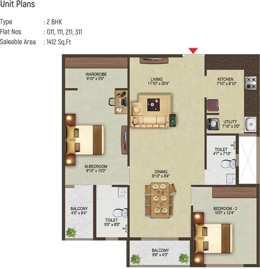 Sowparnika Pragati 2 BHK floor plan, about 1,412 sq ft