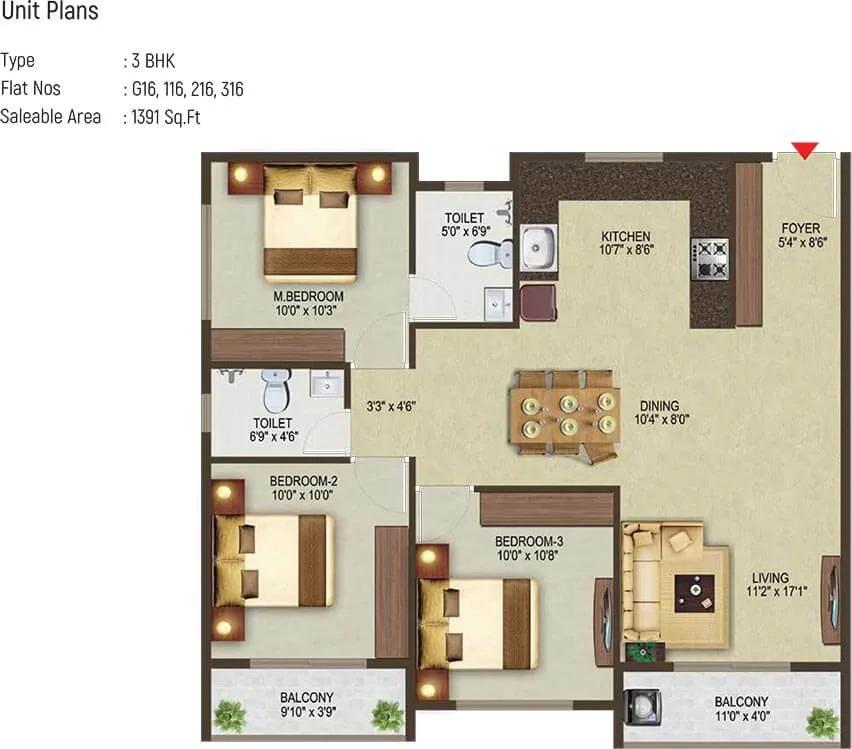 Sowparnika Pragati 3 BHK floor plan, about 1,391 sq ft