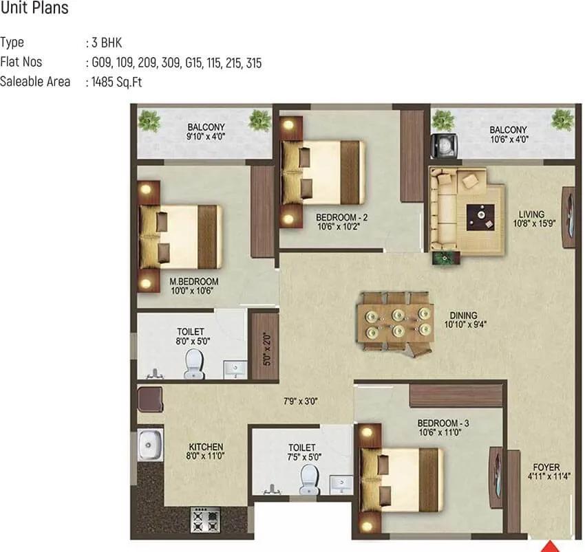 Sowparnika Pragati 3 BHK floor plan, about 1,485 sq ft