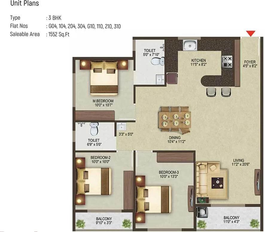 Sowparnika Pragati 3 BHK floor plan, about 1,552 sq ft