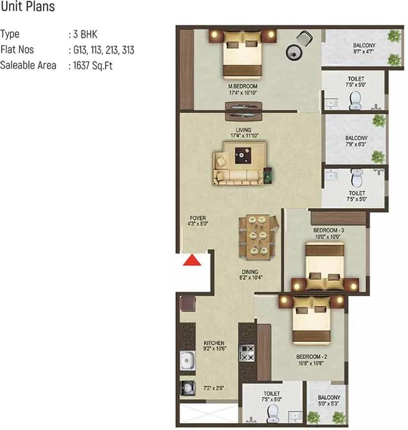 Sowparnika Pragati 3 BHK floor plan, about 1,637 sq ft