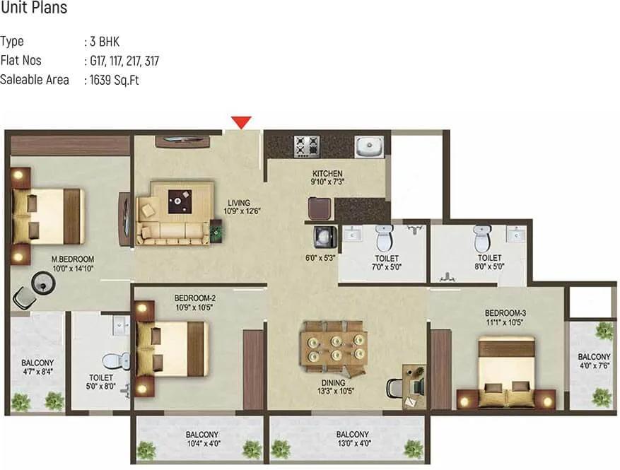 Sowparnika Pragati 3 BHK floor plan, about 1,639 sq ft