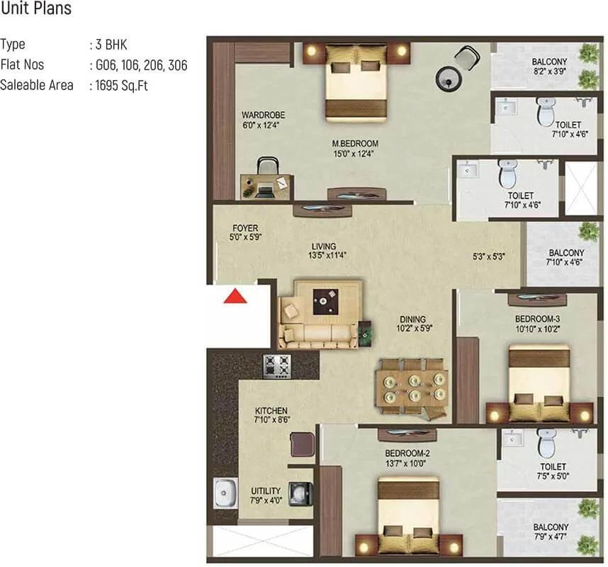 Sowparnika Pragati 3 BHK floor plan, about 1,695 sq ft