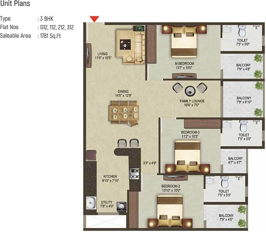 Sowparnika Pragati 3 BHK floor plan, about 1,781 sq ft