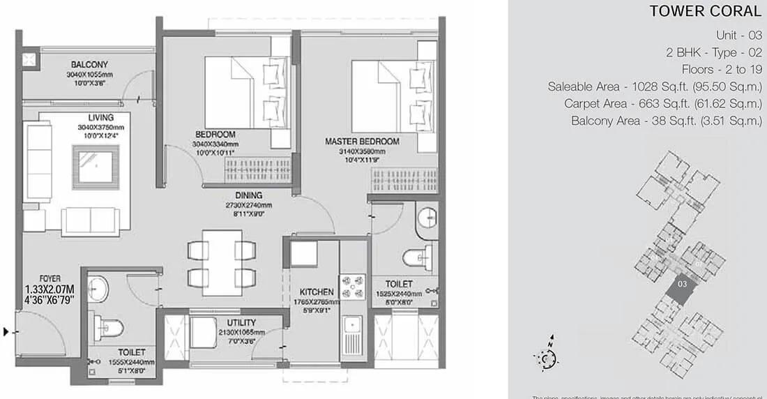 Godrej Azure 2 BHK floor plan, about 1,028 sq ft