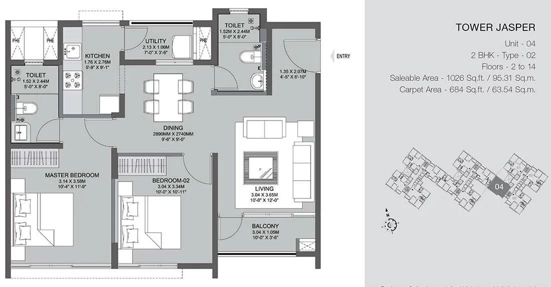 Godrej Azure 2 BHK floor plan, about 1,026 sq ft
