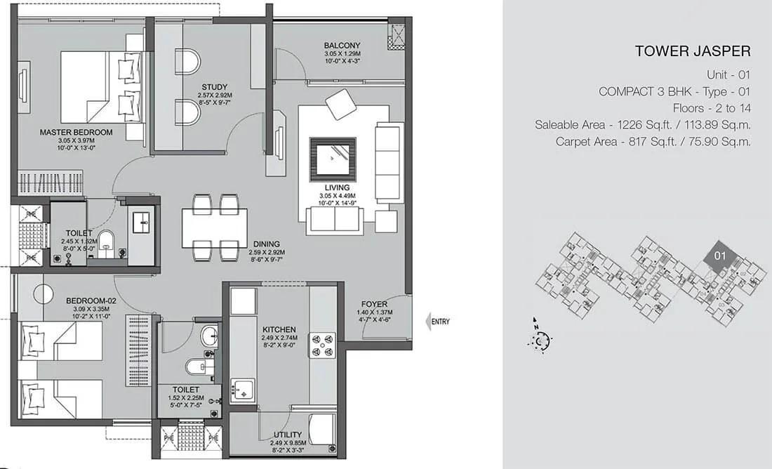 Godrej Azure 3 BHK floor plan, about 1,226 sq ft
