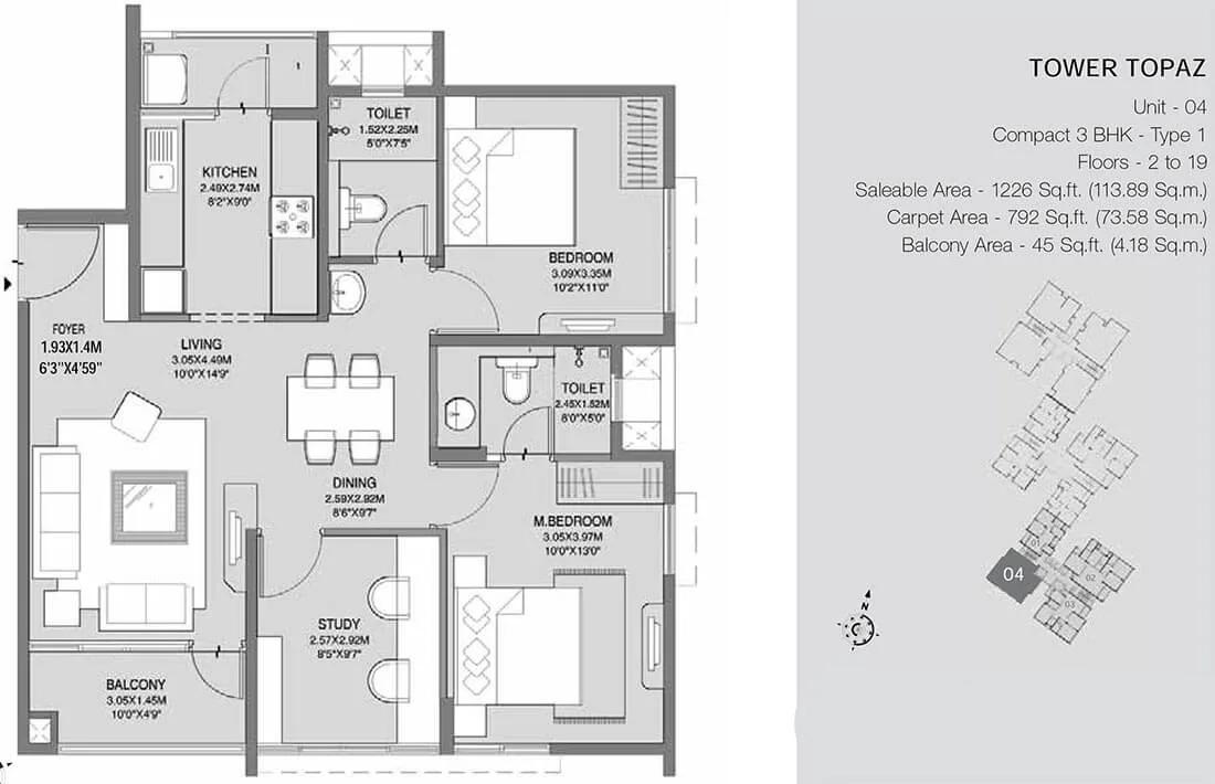 Godrej Azure 3 BHK floor plan, about 1,226 sq ft