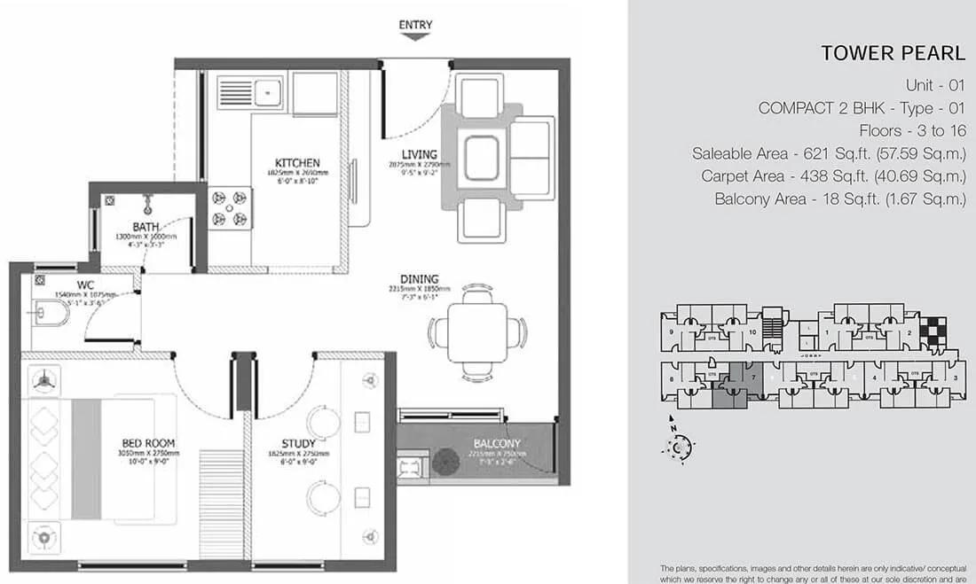 Godrej Azure 2 BHK floor plan, about 621 sq ft