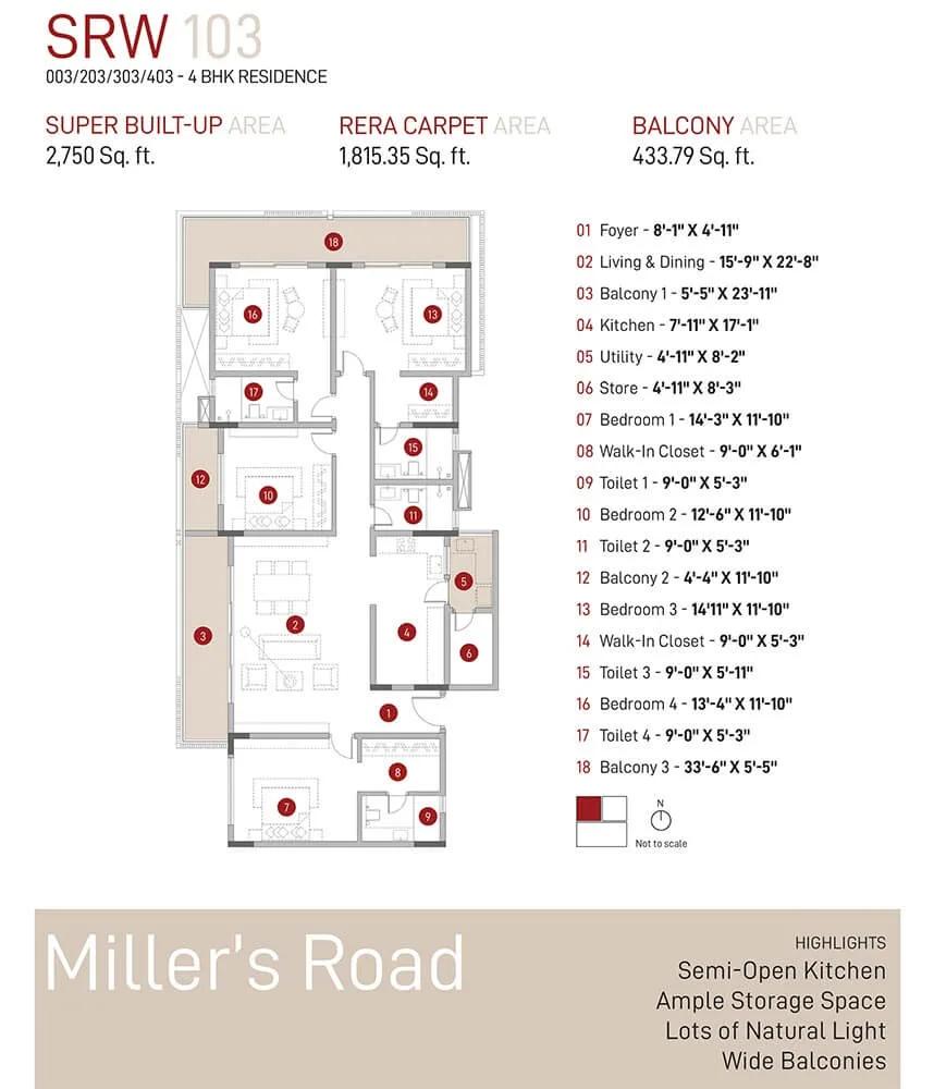 Spectra Raywoods 4 BHK floor plan, about 2,750 sq ft