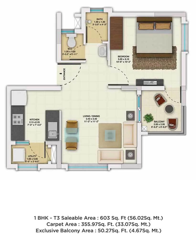 TATA New Haven Ribbon Walk 1 BHK floor plan, about 603 sq ft