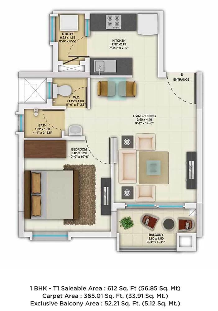 TATA New Haven Ribbon Walk 1 BHK floor plan, about 612 sq ft