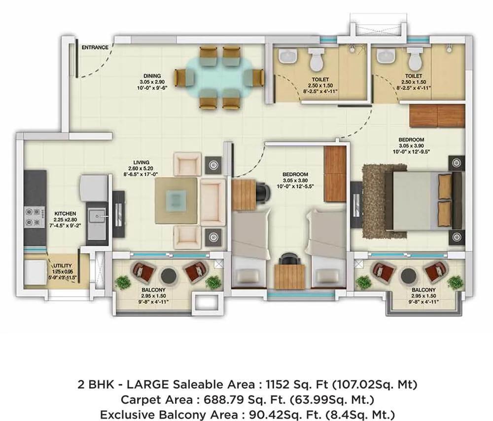 TATA New Haven Ribbon Walk 2 BHK floor plan, about 1,152 sq ft