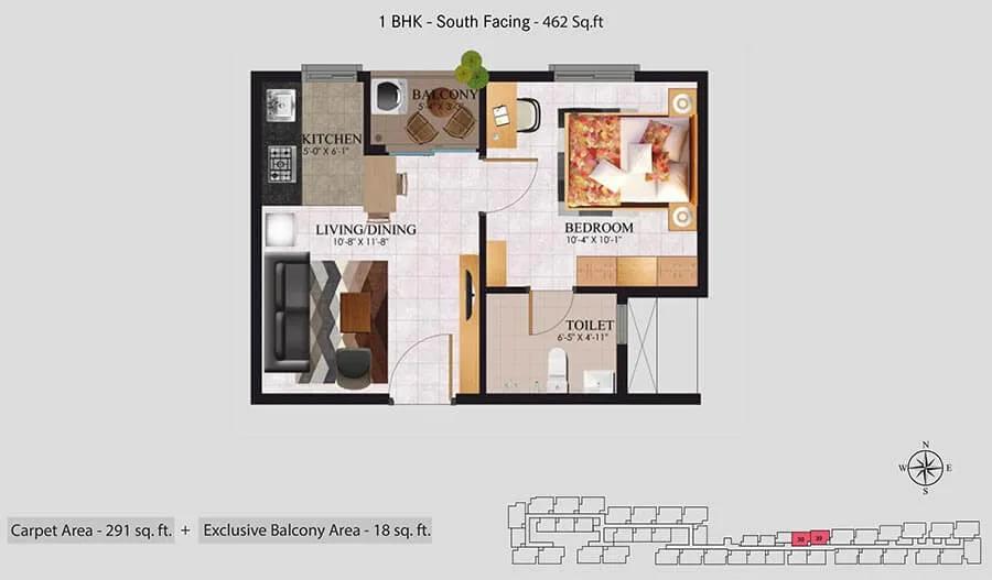 Urbanrise Jasmine Springs 1 BHK floor plan, about 462 sq ft