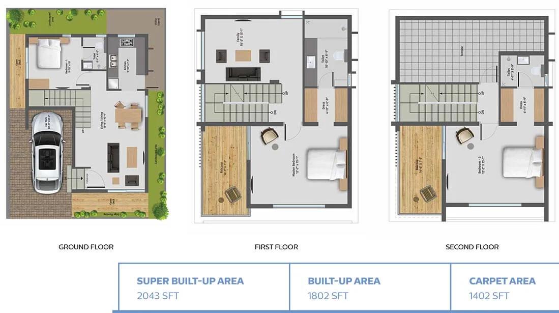 42 Queens Square Villas 3 BHK floor plan, about 2,043 sq ft