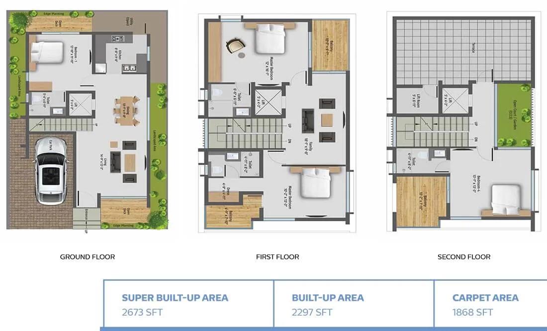 42 Queens Square Villas 4 BHK floor plan, about 2,673 sq ft