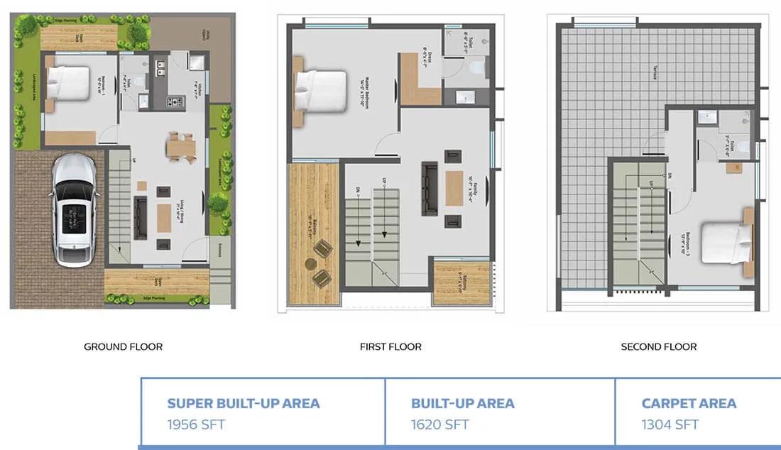 42 Queens Square Villas 3 BHK floor plan, about 1,956 sq ft